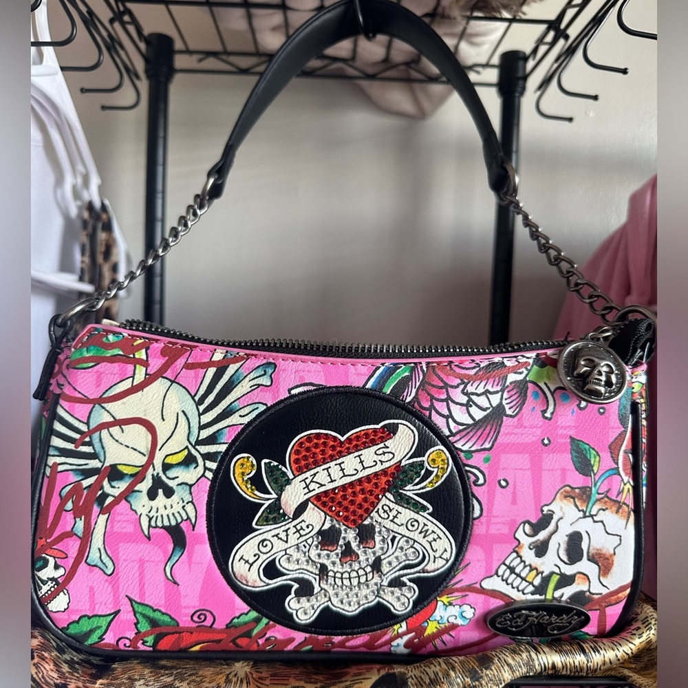 NWOT Ed Hardy Pink 'Love Kills Slowly' Skull Shoulder Bag